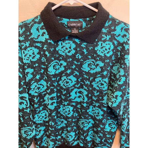 Carreau 80's Vintage Blue Floral Collared 80’s Long Sleeve Sweater Size Medium - Picture 4 of 8